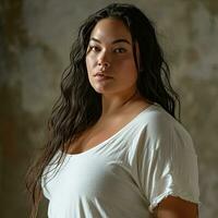 AI generated Portrait of a beautiful plus size young woman wearing a white t-shirt photo