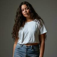AI generated Portrait of a beautiful plus size young woman wearing a white t-shirt photo