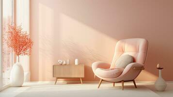 AI generated Living room interior design with Scandinavian furniture in peach colors and minimalist style photo