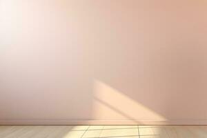 Empty room in peach fuzz color wall and wooden floor in minimalist style photo