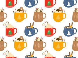 Hot drinks pattern. Seamless Cups with warm drink variants. Vector flat repeated background for wallpaper, wrapping, packing, textile