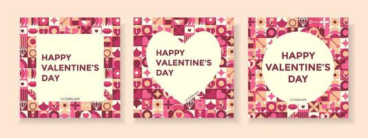 Set festive cards abstract geometric shapes. Creative concept of Happy Valentines Day. Background of icons with symbol of love. Trendy design in bauhaus style vector