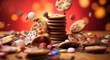 AI generated sweets on the abstract background, cookies on the table, sweets, chocolate, colorful background, delicious sweets, sweet background banner photo