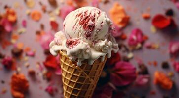 AI generated sweet ice cream on abstract background, colored delicious ice cream on background, colored background, ice cream on colorful background photo