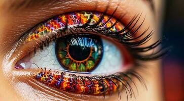 AI generated close up of eye, close up of a female eye, colored eye background, female eye background photo