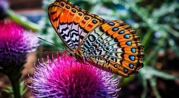 AI generated colorful butterfly on a flower, abstract colored butterfly on abstyract colored background, colorful backgrounnd wallpaper, abstract colored butterfly on colored leaf photo