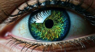 AI generated close up of a female eye, pupil of eye, close-up of green colored eye, colored eye, beautiful colored eye close up photo