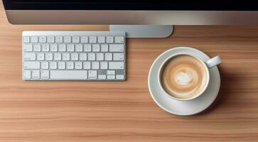 AI generated close-up of cup of coffee and laptop keyboard, business mans table, keyboard on the table, close-up of laptop keyboard, keyboard and cup of coffee photo