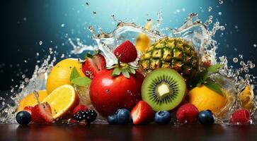 AI generated delicious colored fruits on colored background, wallpaper of fruits, sliced fruits on abstract background, fruits background photo