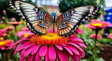 ai generado vistoso mariposa en un flor, resumen de colores mariposa en abstraer de colores fondo, vistoso fondo fondo de pantalla, resumen de colores mariposa en de colores hoja foto