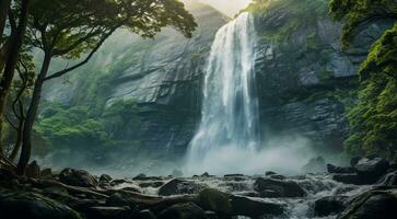 AI generated waterfall in the mountains, waterfall in the forest, waterfall scene, waterfall and rocks photo