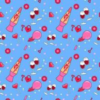 Seamless pattern y2k style element. Bright Cute symbols. Wine Glass, lock with key, candy, backlight with liquid and bubble gum. Vector illustration on Blue background for textile, print and, postcard