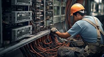 AI generated electrican working in a factory, worker with helmet, electrical worker in action photo