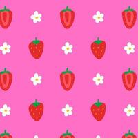 Strawberries seamless pattern vector background. Cute cartoon flat style strawberries and flowers on pink background. Surface pattern, packaging, print, fabric, postcard.