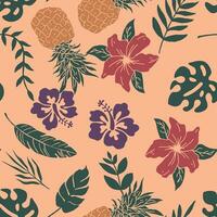 Tropical seamless pattern with hand drawn leaf pineapple and flower element vector