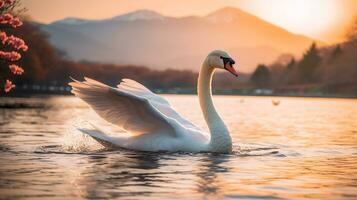 cisne extensión alas en el río con fuji montaña fondo.generativo ai. foto