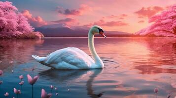 Swan spreading wings in the river with fuji mountain background.Generative Ai. photo