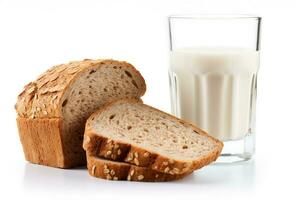 Fresh milk with Whole wheat bread isolated on white background .Generative Ai. photo