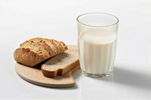 Fresh milk with Whole wheat bread isolated on white background .Generative Ai. photo