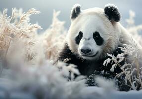 AI generated Big panda in the snow-covered grassland. Snowy winter. photo