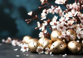 AI generated Golden easter eggs with flowers background photo