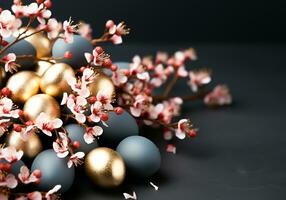 AI generated Colorful easter eggs with flowers background photo