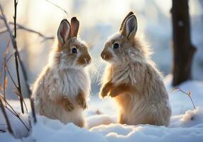 ai generado liebres posando en el Nevado bosque. invierno tiempo. foto