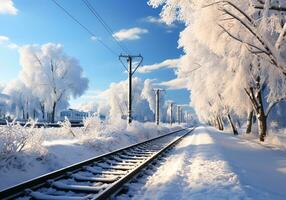 AI generated Snow covered railway line in winter landscape photo