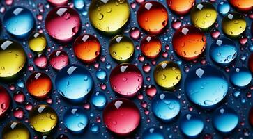 AI generated colored water drops on abstract background, water drops on colorful background, colored wallpaper, ultra hd colorful wallpaper, background with colored bubbles photo