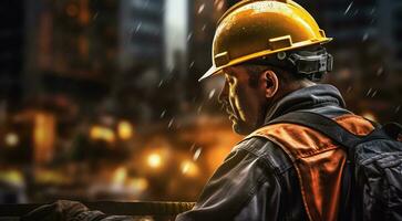 AI generated hard worker with at the work, hard worker portrait, factory worker, construction site worker photo