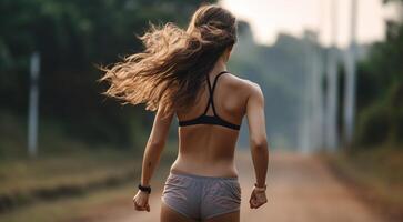 ai generado bonito niña corriendo en naturaleza, Deportes niña correr, joven mujer es corriendo foto