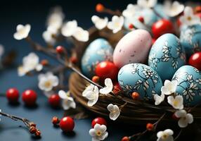 ai generado vistoso Pascua de Resurrección huevos con flores antecedentes foto