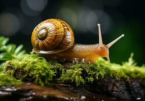 AI generated Close up of snail on top of a log photo