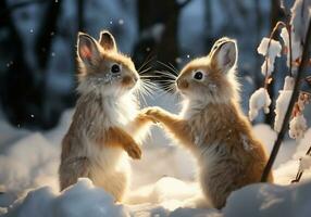 AI generated Hares posing in the snowy forest. Winter time. photo