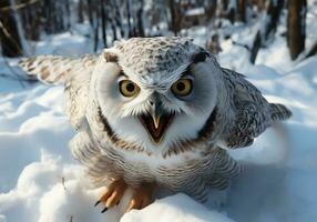 AI generated Owl in flight landing on the snowy ground with open wings. Winter time. photo