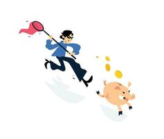 Illustration of a thief running after a piggy bank with a net. Image is isolated on white background. A cartoon thief is trying to catch a piggy bank. In pursuit of profit. Easy Money. vector