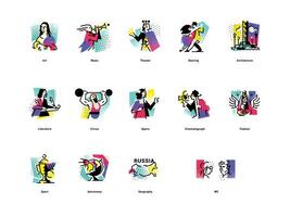 A set of icons on the theme of art forms. Music, choreography, singing, literature, theater, circus. Vector flat illustration. Hobbies of creative people. Icons for the site, banner and print.