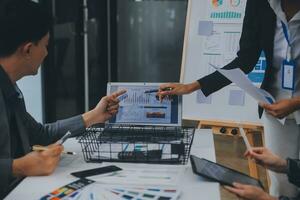 Close up ux developer and ui designer use augmented reality brainstorming about mobile app interface wireframe design on desk at modern office.Creative digital development agency photo