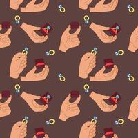 Pattern of the hands holding gold ring, a diamond ring in a box. Seamless flat pattern. A sparkling washing ring for a marriage proposal in different turns on a dark background. Rings for the proposal vector