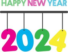 Inscription Happy New Year 2024 made of colorful letters on white background. Hanging colorful typography vector