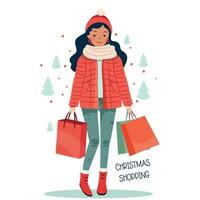 Pretty girl carrying shopping bags with gifts. vector