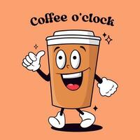 Cartoon coffee cup with quote Coffee o clock. vector