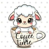 Cute cartoon sheep in mug with coffee time quote. vector