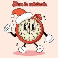 Groovy retro clock character in Santa Claus hat. vector