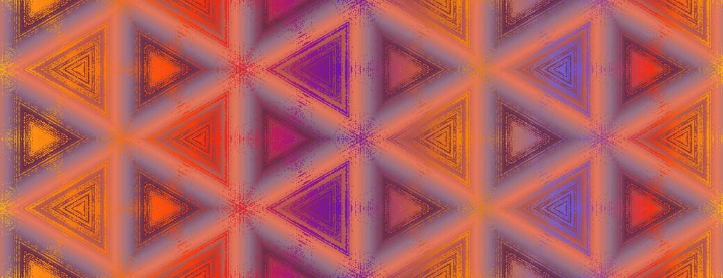 Seamless abstract texture pattern with kaleidoscope effect. Geometric ornament from triangles in purple, red, orange and yellow colors, design for poster, banner, card, wallpaper, background.