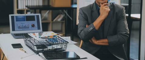 Close up ux developer and ui designer use augmented reality brainstorming about mobile app interface wireframe design on desk at modern office.Creative digital development agency photo