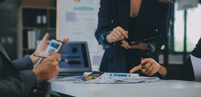 Close up ux developer and ui designer use augmented reality brainstorming about mobile app interface wireframe design on desk at modern office.Creative digital development agency photo