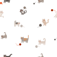 Minimalistic seamless pattern with domestic cats playing with balls of yarn. Cute baby animal design png