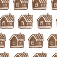 Gingerbread houses seamless pattern with white icing. Christmas biscuit cookies. New year hand drawn illustration png