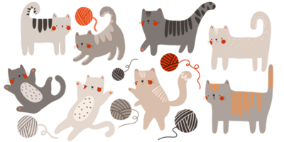 Set with cute cartoon cats. Cats of different colors play with balls of thread. Flat isolated illustration hand drawn png